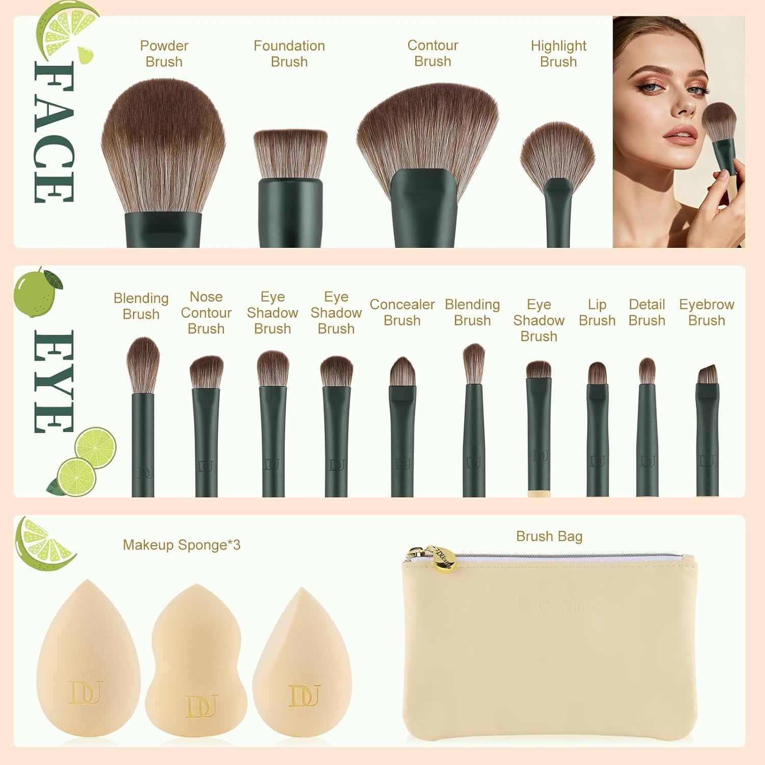 Makeup Gift Set 18Pcs,With 14Pcs Makeup Brushes Set 3Pcs Makeup Sponges 1PC Cosmetic Bag for Foundation Blending Powder Blush Concealers Eye Shadows