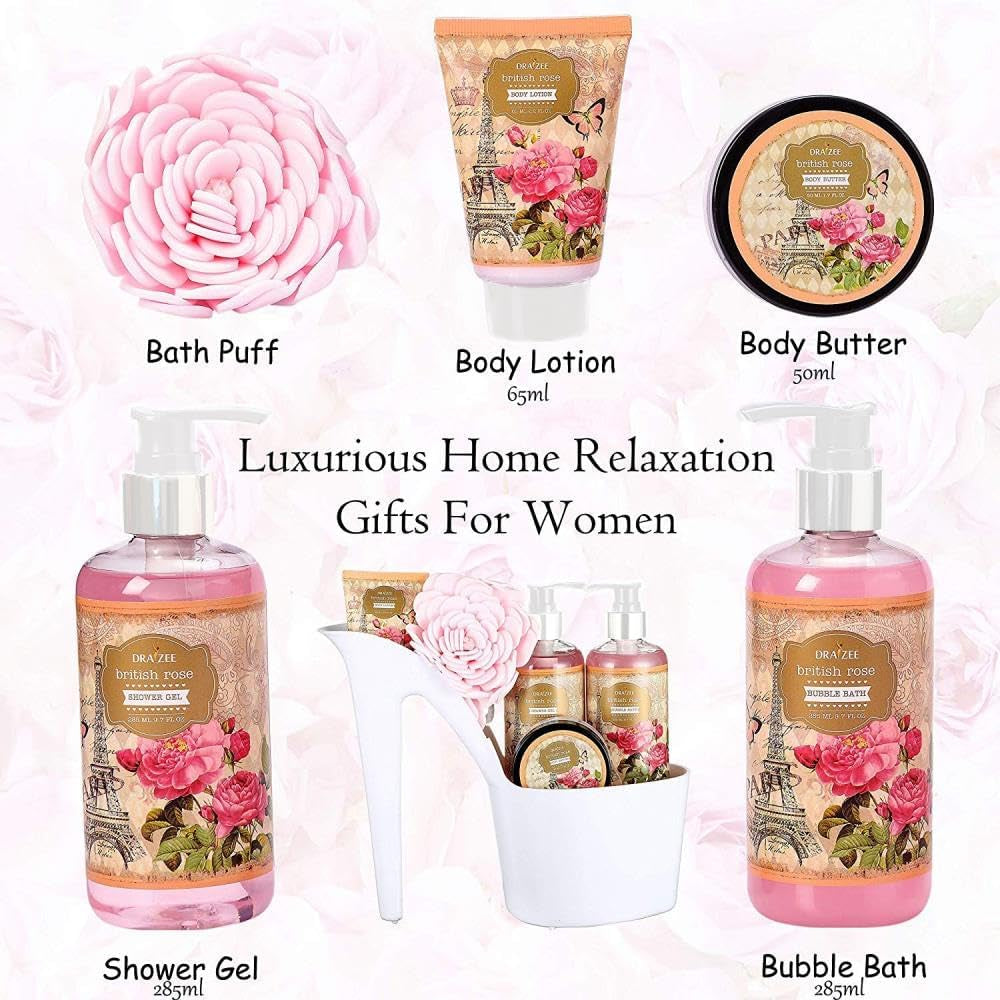 Mother’S Day Gift Baskets for Women - 8 Pcs Luxury Rose Scented Heel Shoe Design Bath and Body Spa Basket - Shower Gel, Bubble Bath, Body Butter, Lotion & More -Gift for Her, Mom, Friends by