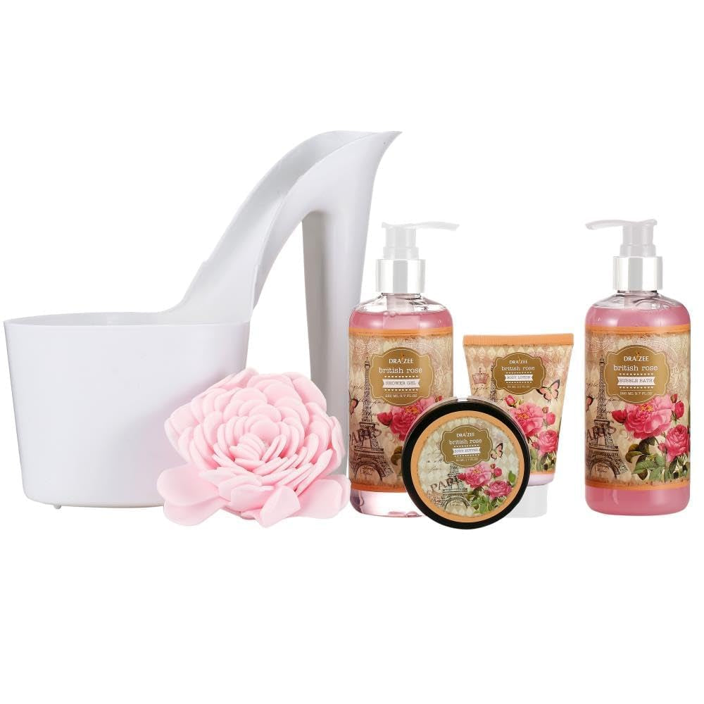 Mother’S Day Gift Baskets for Women - 8 Pcs Luxury Rose Scented Heel Shoe Design Bath and Body Spa Basket - Shower Gel, Bubble Bath, Body Butter, Lotion & More -Gift for Her, Mom, Friends by