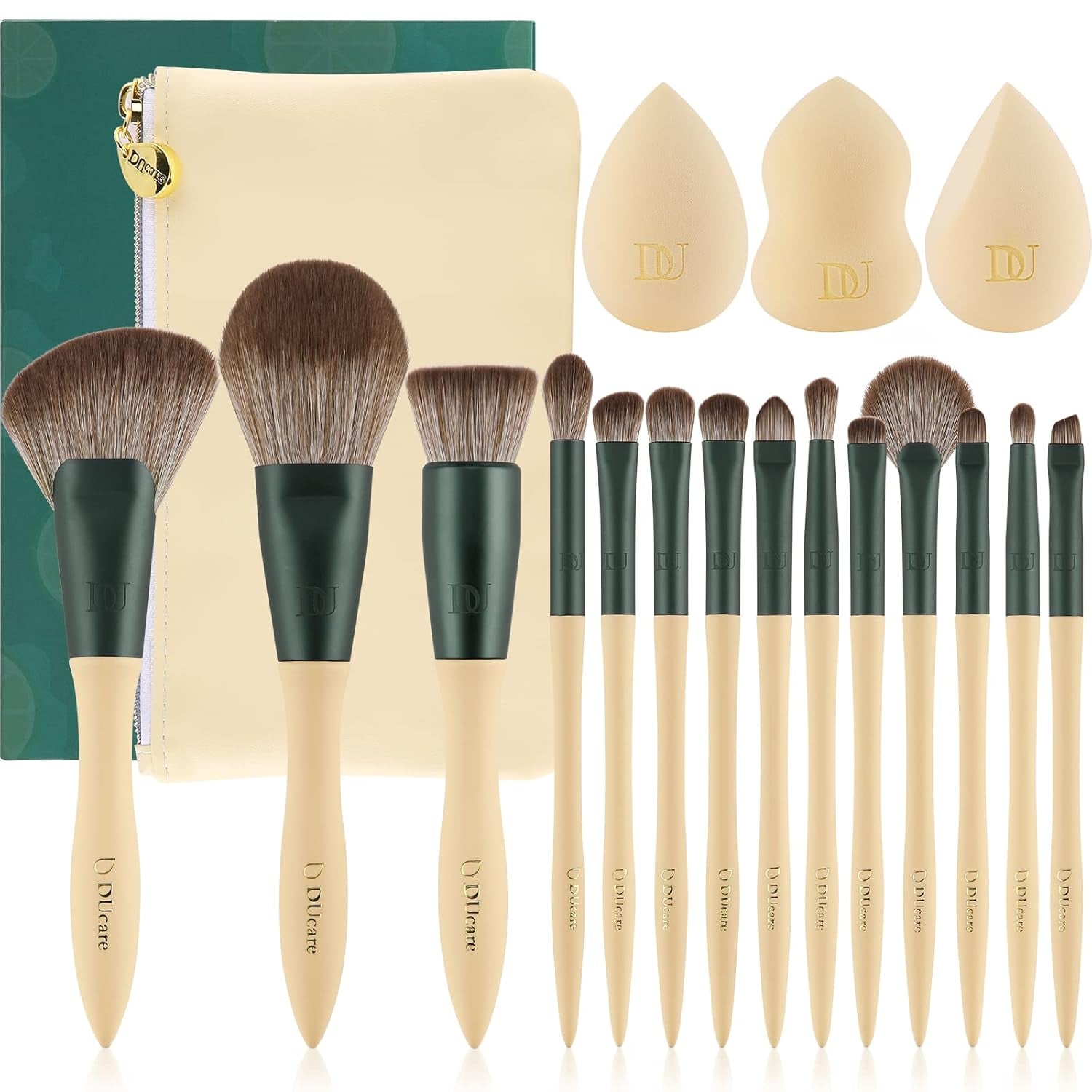 Makeup Gift Set 18Pcs,With 14Pcs Makeup Brushes Set 3Pcs Makeup Sponges 1PC Cosmetic Bag for Foundation Blending Powder Blush Concealers Eye Shadows