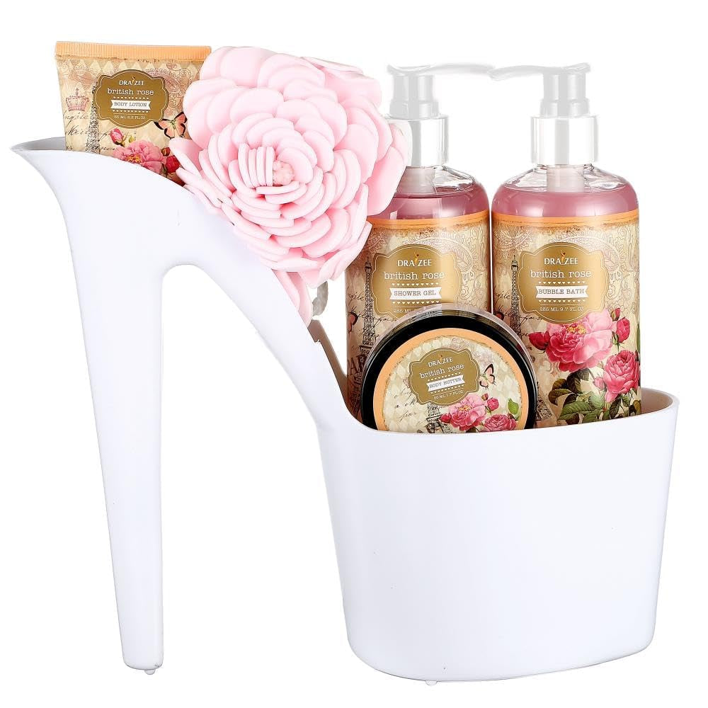 Mother’S Day Gift Baskets for Women - 8 Pcs Luxury Rose Scented Heel Shoe Design Bath and Body Spa Basket - Shower Gel, Bubble Bath, Body Butter, Lotion & More -Gift for Her, Mom, Friends by